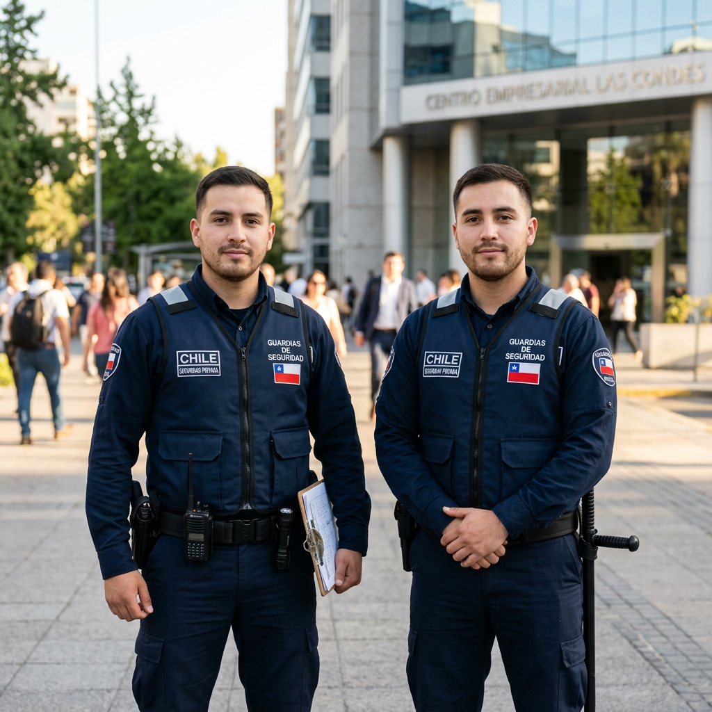 Two Chilean security guards standing outside Centro Empresarial Las Condes