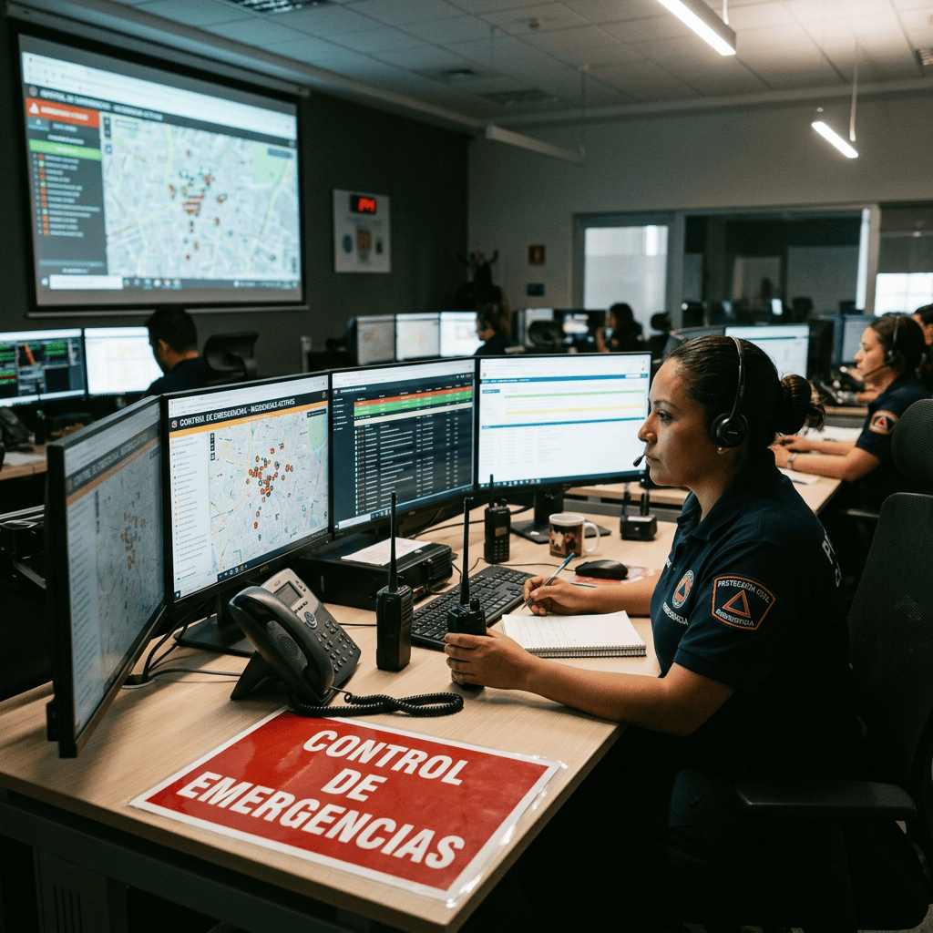 Emergency dispatcher monitoring incident maps across multiple control room screens