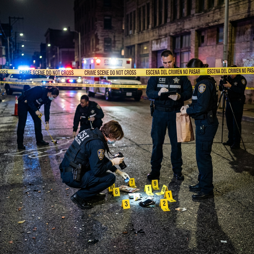 Crime scene investigators examining numbered evidence behind police tape