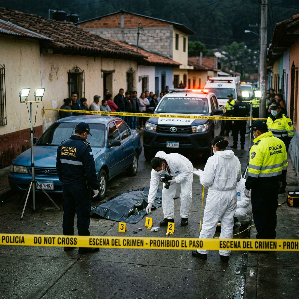 Police and forensic investigators examine evidence beside a covered body at a cordoned street crime scene