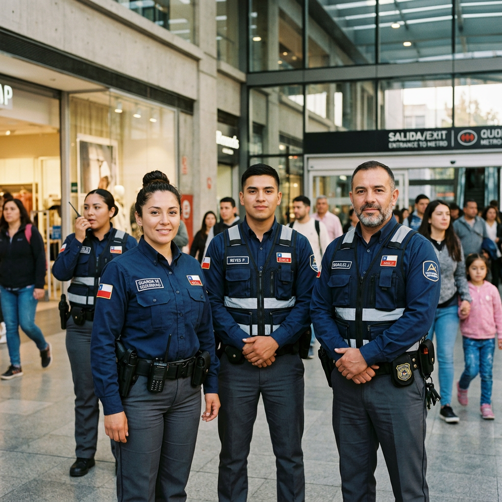 Three metro security officers standing inside a busy station entrance