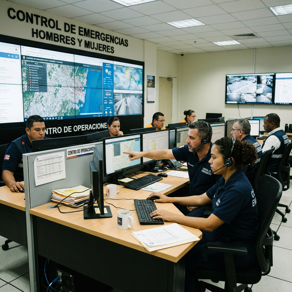 Emergency personnel coordinating operations at computer workstations